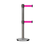 Retractable Dual Belt Barrier Stanchion, Cast Iron Base, Satin Stainless Steel Post, 11 ft Belt - Montour Line MI630D - Crowd Control Warehouse