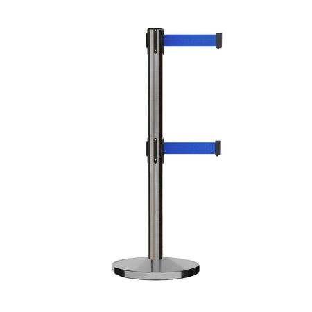 Retractable Dual Belt Barrier Stanchion, Cast Iron Base, Satin Stainless Steel Post, 11 ft Belt - Montour Line MI630D - Crowd Control Warehouse