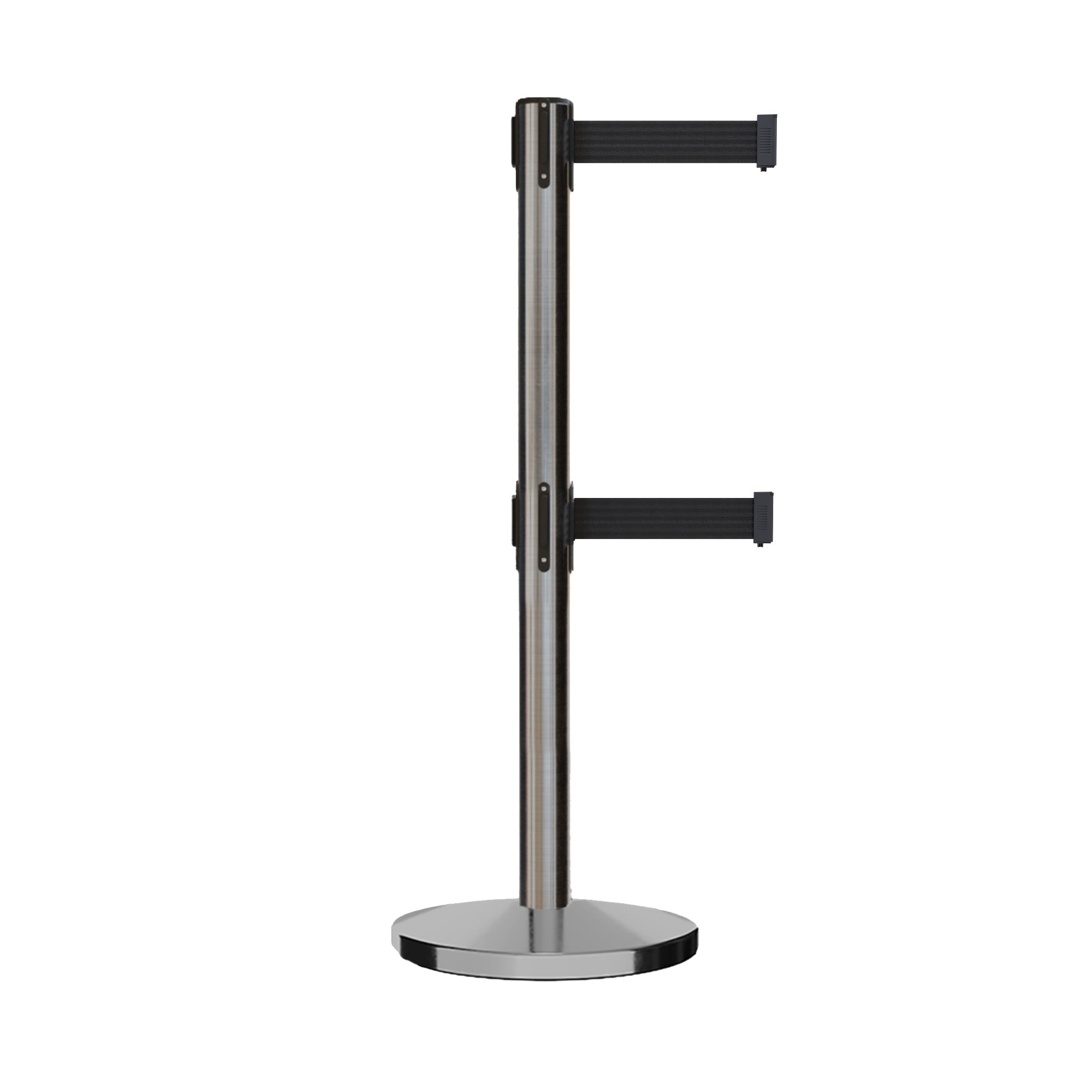 Retractable Dual Belt Barrier Stanchion, Cast Iron Base, Satin Stainless Steel Post, 11 ft Belt - Montour Line MI630D - Crowd Control Warehouse