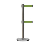 Retractable Dual Belt Barrier Stanchion, Cast Iron Base, Satin Stainless Steel Post, 7.5 ft Belt - Montour Line MI630D - Crowd Control Warehouse