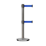 Retractable Dual Belt Barrier Stanchion, Cast Iron Base, Satin Stainless Steel Post, 7.5 ft Belt - Montour Line MI630D - Crowd Control Warehouse