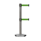 Retractable Dual Belt Barrier Stanchion, Cast Iron Base, Satin Stainless Steel Post, 9 ft Belt - Montour Line MI630D - Crowd Control Warehouse