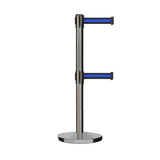 Retractable Dual Belt Barrier Stanchion, Cast Iron Base, Satin Stainless Steel Post, 9 ft Belt - Montour Line MI630D - Crowd Control Warehouse