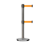 Retractable Dual Belt Barrier Stanchion, Cast Iron Base, Satin Stainless Steel Post, 9 ft Belt - Montour Line MI630D - Crowd Control Warehouse