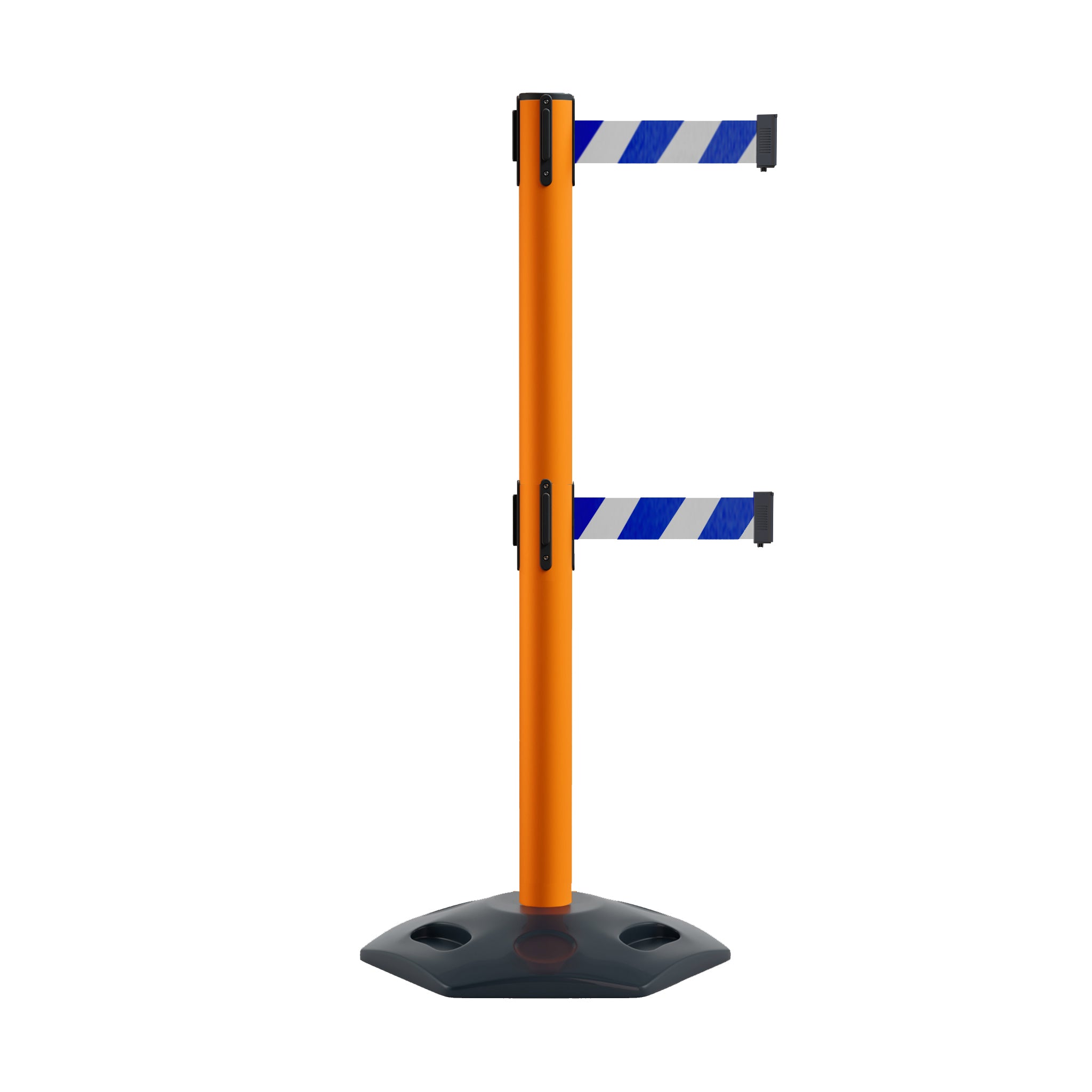 Retractable Dual Belt Barrier Stanchion, Heavy - Duty Rubber Base, 11 ft Belt - Montour Line MSR630D - Crowd Control Warehouse