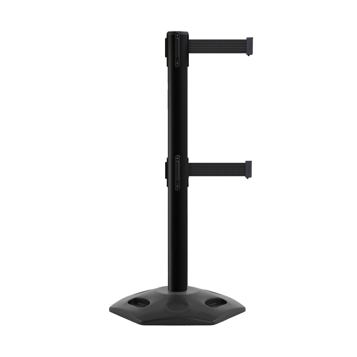 Retractable Dual Belt Barrier Stanchion, Heavy - Duty Rubber Base, 14 ft Belt - Montour Line MSR650D - Crowd Control Warehouse