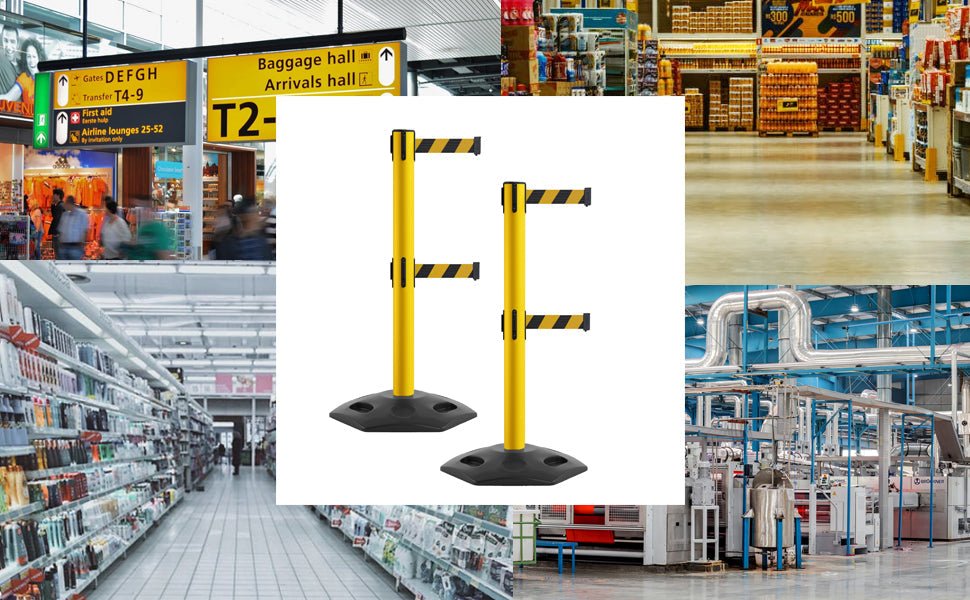 Retractable Dual Belt Barrier Stanchion, Heavy - Duty Rubber Base, 14 ft Belt - Montour Line MSR650D - Crowd Control Warehouse