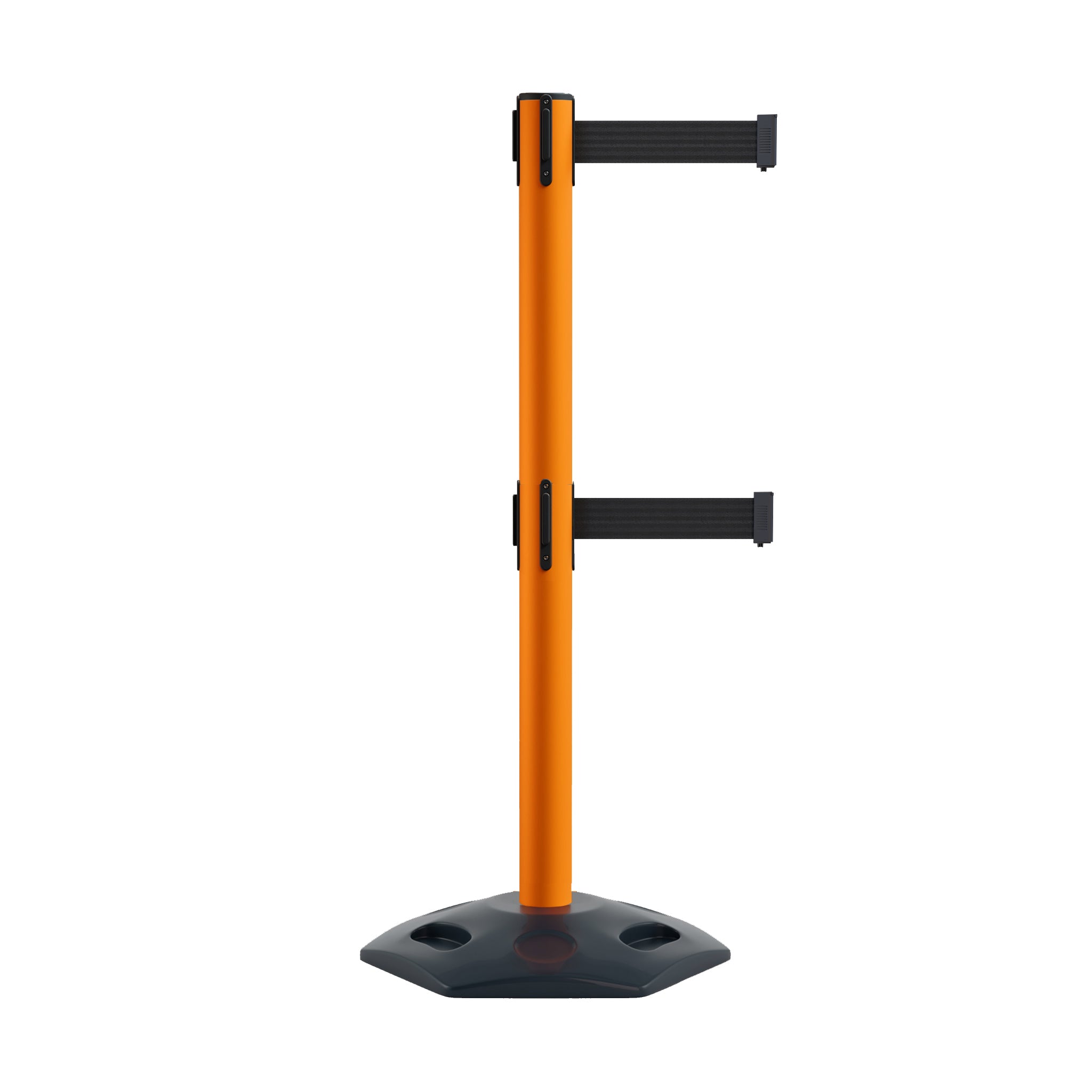 Retractable Dual Belt Barrier Stanchion, Heavy - Duty Rubber Base, 9 ft Belt - Montour Line MSR630D - Crowd Control Warehouse