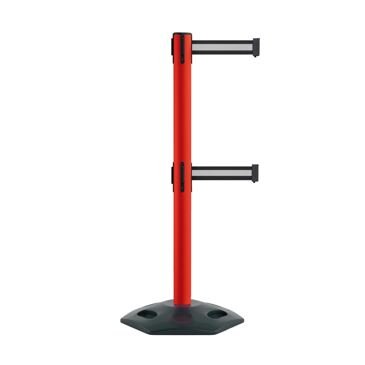 Retractable Dual Belt Barrier Stanchion, Heavy - Duty Rubber Base, 9 ft Belt - Montour Line MSR630D - Crowd Control Warehouse