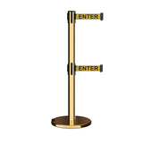 Retractable Dual Belt Barrier Stanchion, Rolling Base, Polished Brass Post, 7.5 ft Belt - Montour Line ME630D - Crowd Control Warehouse