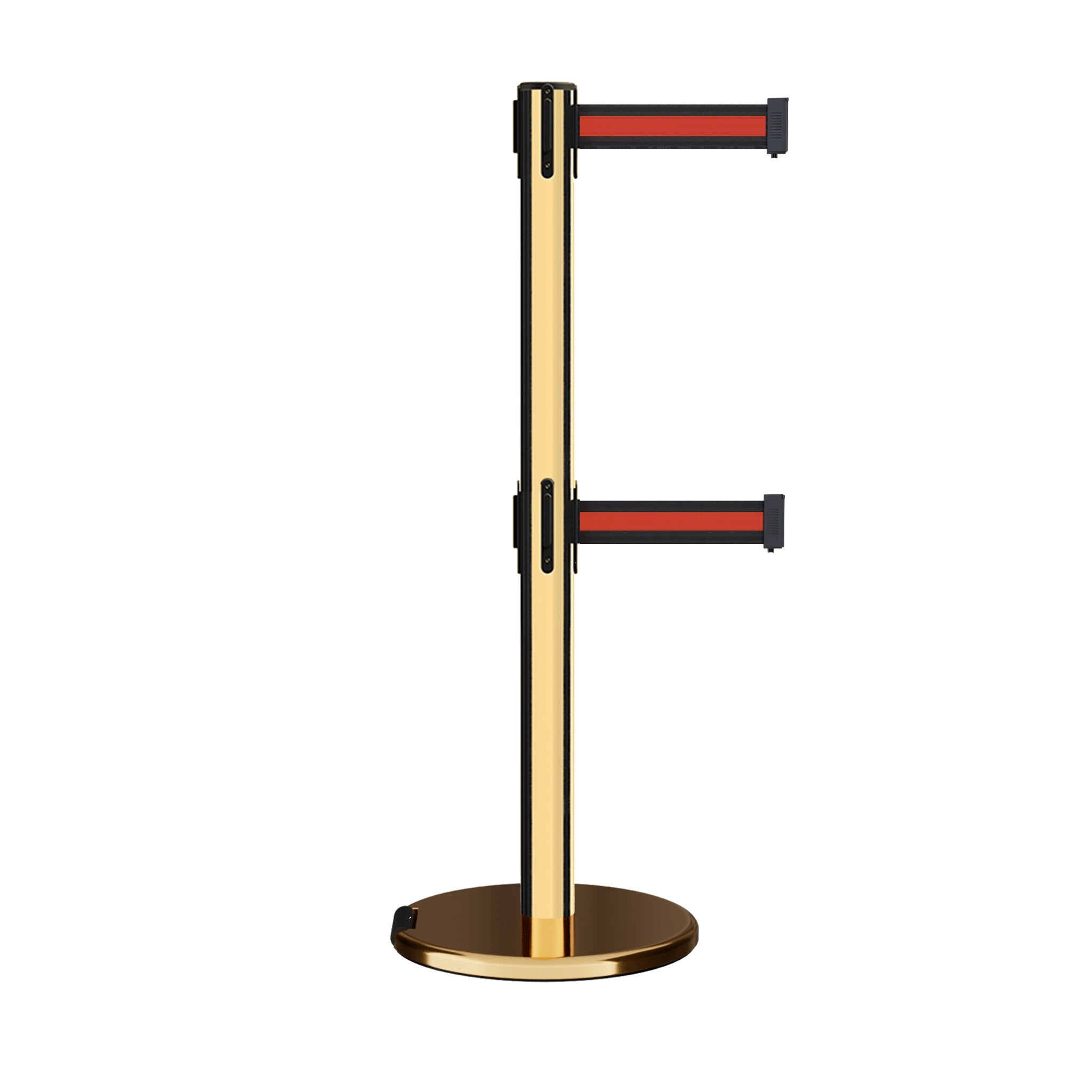Retractable Dual Belt Barrier Stanchion, Rolling Base, Polished Brass Post, 7.5 ft Belt - Montour Line ME630D - Crowd Control Warehouse