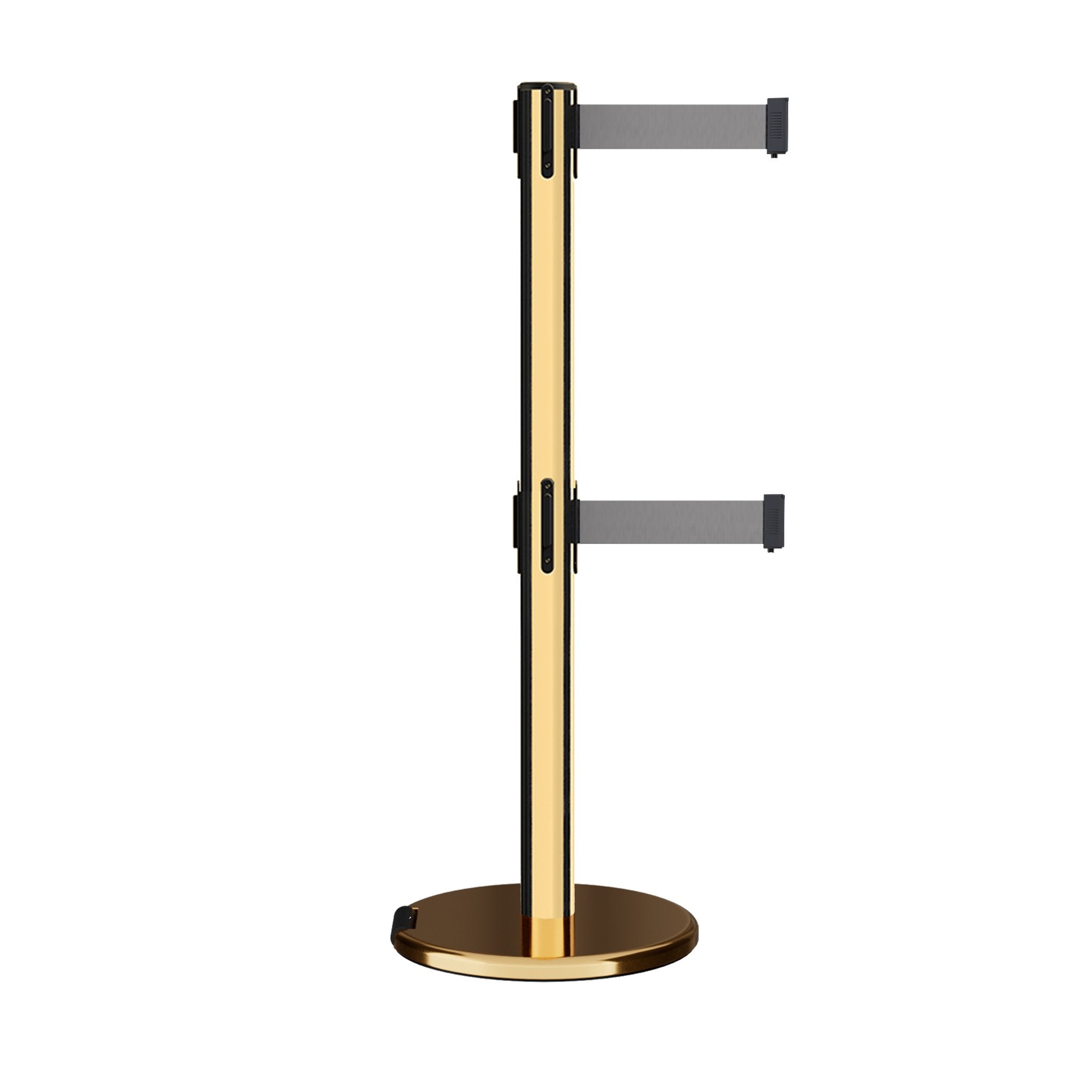 Retractable Dual Belt Barrier Stanchion, Rolling Base, Polished Brass Post, 7.5 ft Belt - Montour Line ME630D - Crowd Control Warehouse