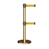 Retractable Dual Belt Barrier Stanchion, Rolling Base, Polished Brass Post, 7.5 ft Belt - Montour Line ME630D - Crowd Control Warehouse