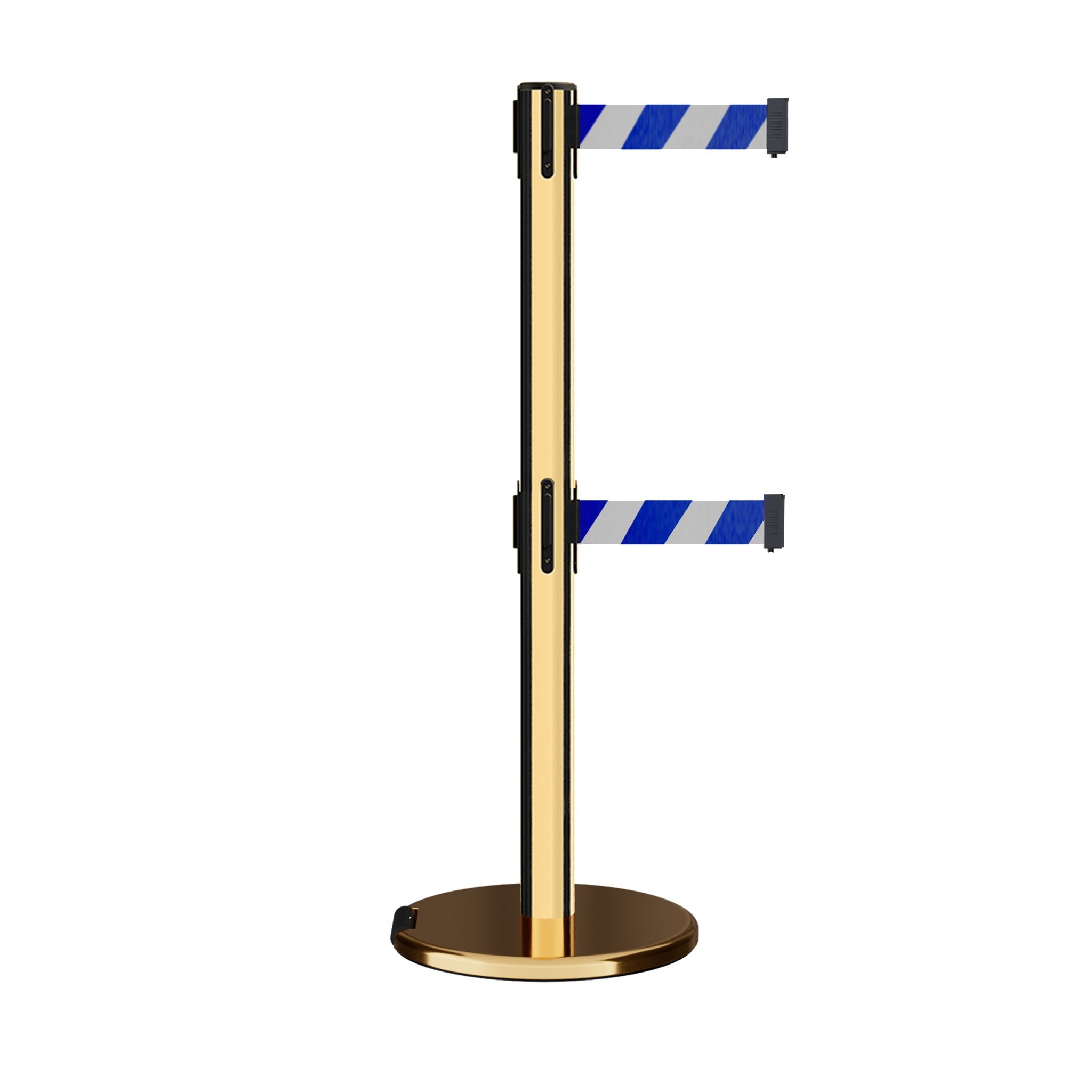 Retractable Dual Belt Barrier Stanchion, Rolling Base, Polished Brass Post, 7.5 ft Belt - Montour Line ME630D - Crowd Control Warehouse