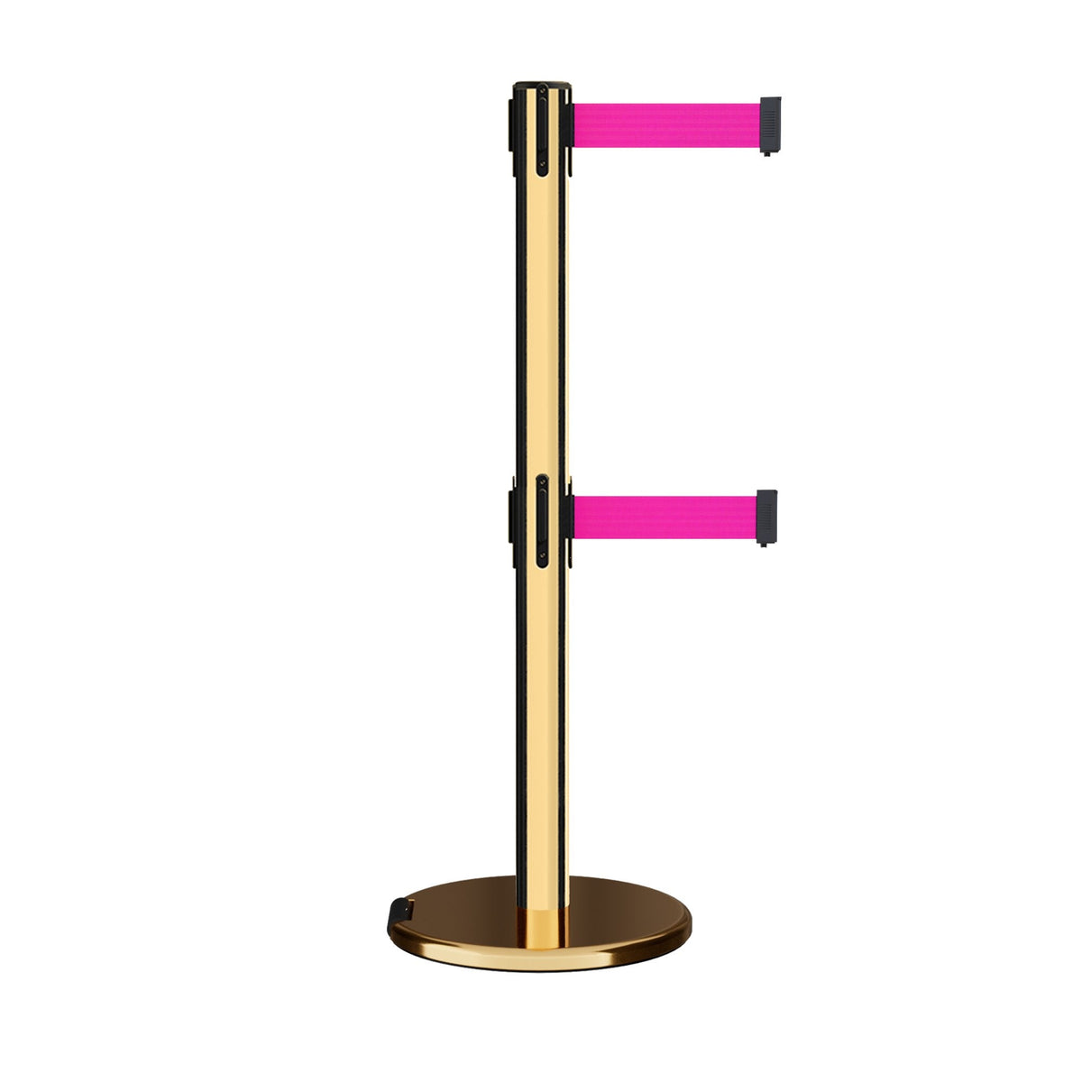 Retractable Dual Belt Barrier Stanchion, Rolling Base, Polished Brass Post, 7.5 ft Belt - Montour Line ME630D - Crowd Control Warehouse