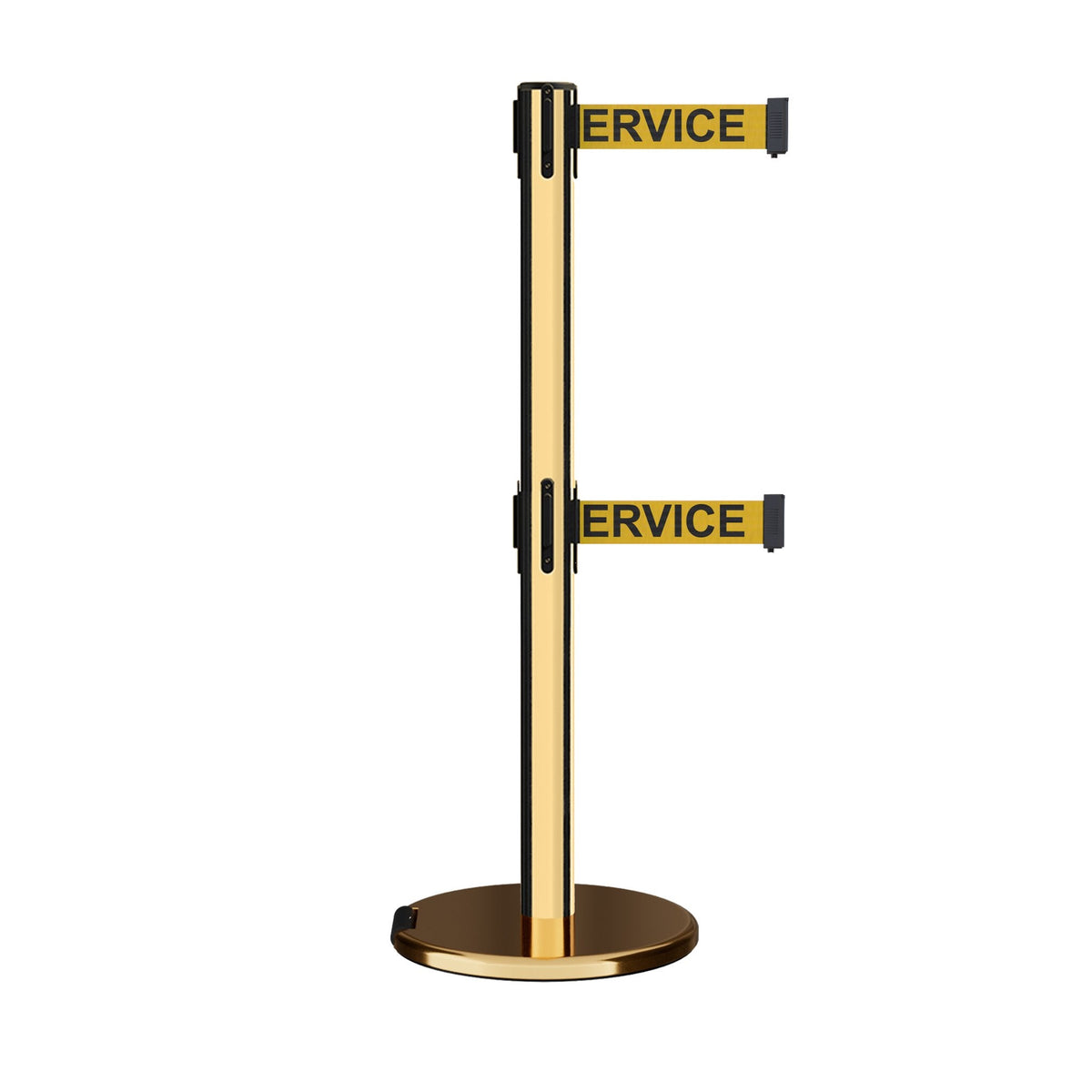 Retractable Dual Belt Barrier Stanchion, Rolling Base, Polished Brass Post, 7.5 ft Belt - Montour Line ME630D - Crowd Control Warehouse