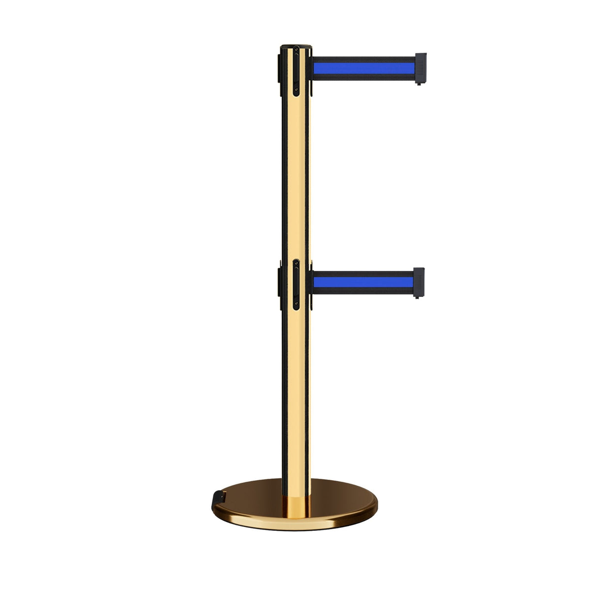 Retractable Dual Belt Barrier Stanchion, Rolling Base, Polished Brass Post, 7.5 ft Belt - Montour Line ME630D - Crowd Control Warehouse