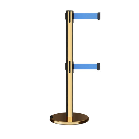 Retractable Dual Belt Barrier Stanchion, Rolling Base, Polished Brass Post, 7.5 ft Belt - Montour Line ME630D - Crowd Control Warehouse