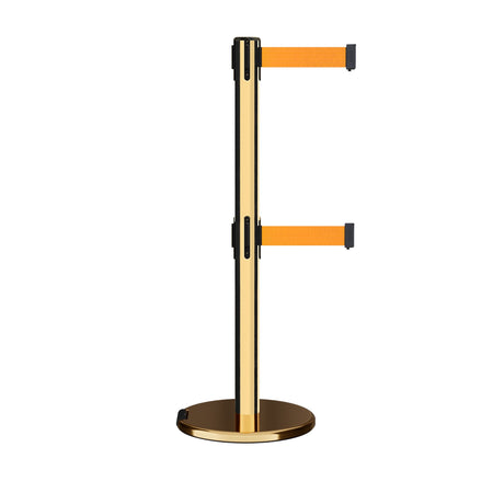 Retractable Dual Belt Barrier Stanchion, Rolling Base, Polished Brass Post, 7.5 ft Belt - Montour Line ME630D - Crowd Control Warehouse