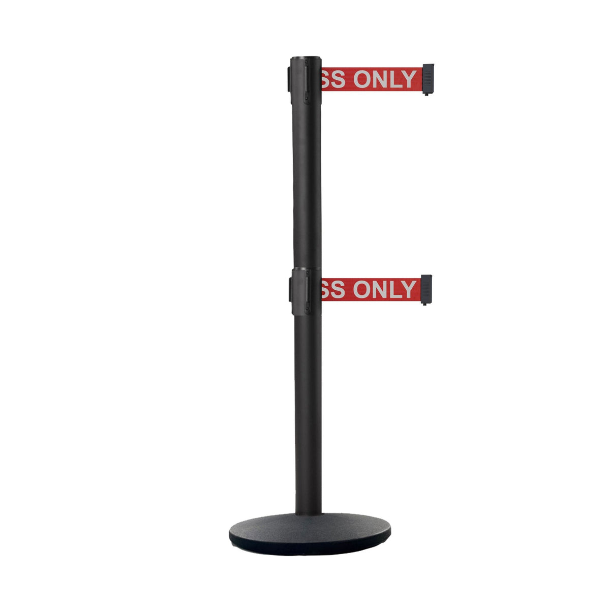 Retractable Dual Belt Belt Barrier Stanchion, Black Post, Cast Iron Base, 11 Ft. Belt - Montour Line MI630D - Crowd Control Warehouse