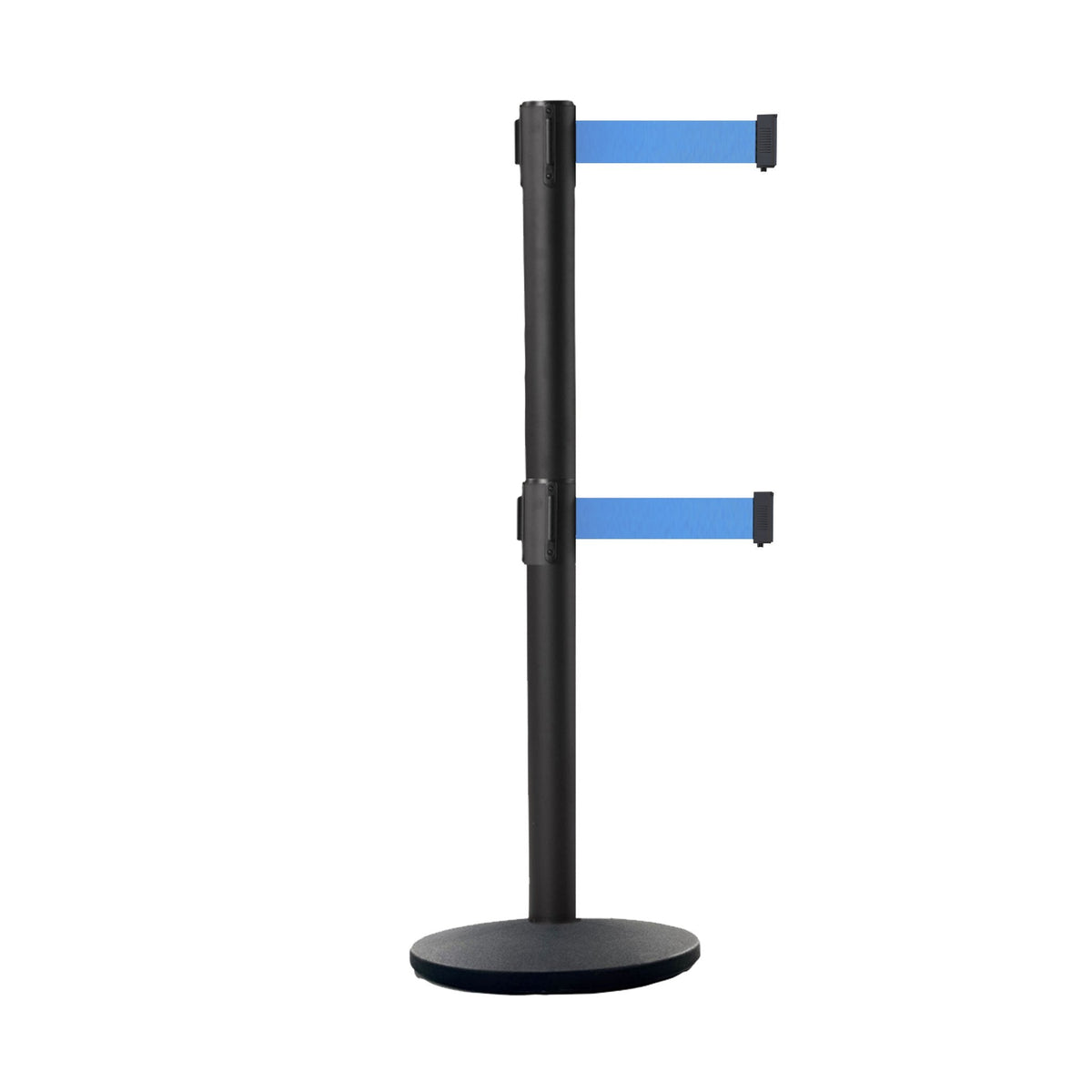 Retractable Dual Belt Belt Barrier Stanchion, Black Post, Cast Iron Base, 11 Ft. Belt - Montour Line MI630D - Crowd Control Warehouse
