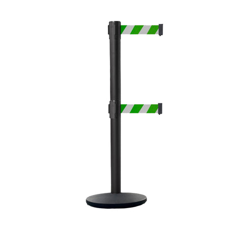 Retractable Dual Belt Belt Barrier Stanchion, Black Post, Cast Iron Base, 11 Ft. Belt - Montour Line MI630D - Crowd Control Warehouse