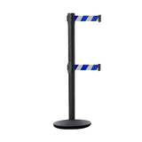 Retractable Dual Belt Belt Barrier Stanchion, Black Post, Cast Iron Base, 11 Ft. Belt - Montour Line MI630D - Crowd Control Warehouse