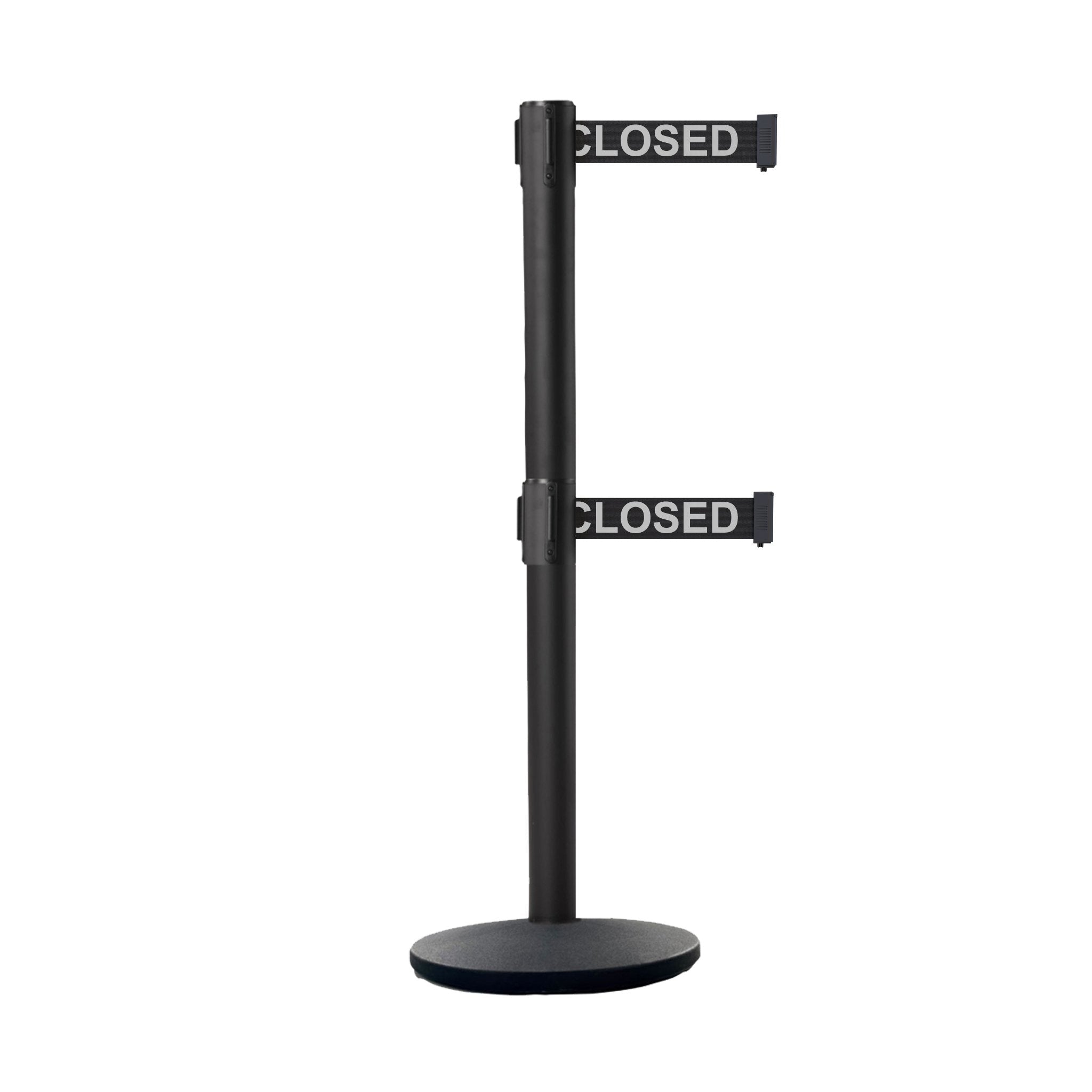 Retractable Dual Belt Belt Barrier Stanchion, Black Post, Cast Iron Base, 11 Ft. Belt - Montour Line MI630D - Crowd Control Warehouse