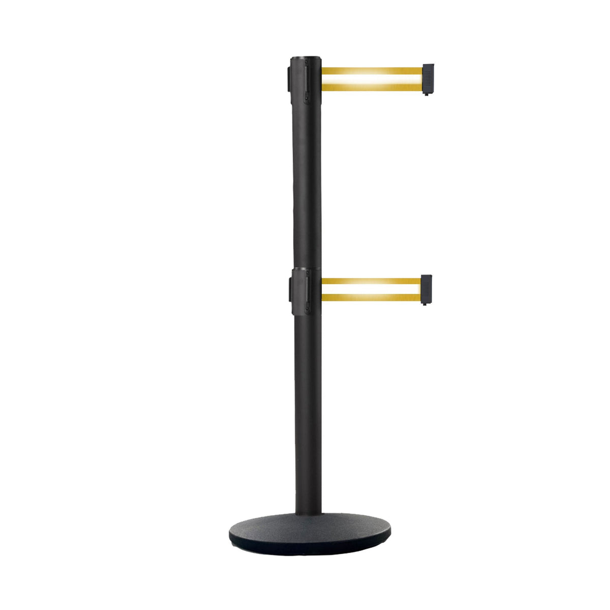 Retractable Dual Belt Belt Barrier Stanchion, Black Post, Cast Iron Base, 11 Ft. Belt - Montour Line MI630D - Crowd Control Warehouse