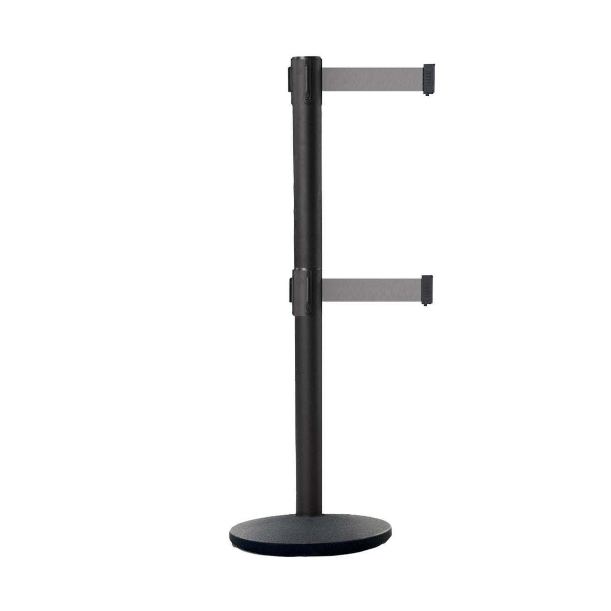 Retractable Dual Belt Belt Barrier Stanchion, Black Post, Cast Iron Base, 11 Ft. Belt - Montour Line MI630D - Crowd Control Warehouse