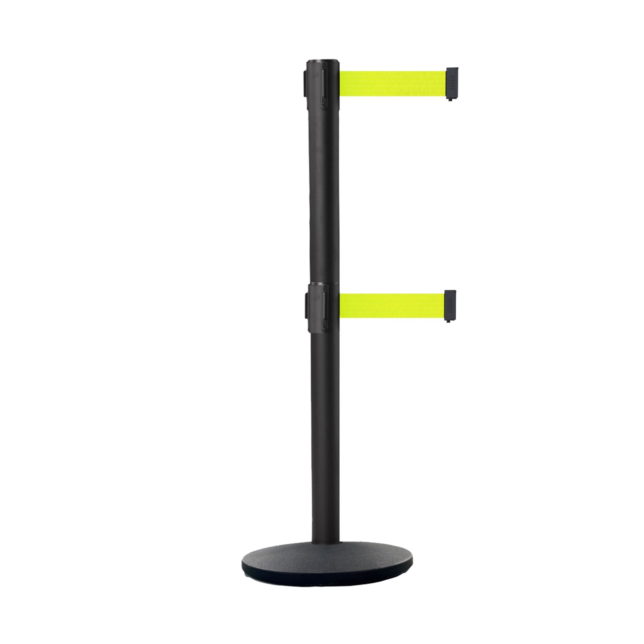 Retractable Dual Belt Belt Barrier Stanchion, Black Post, Cast Iron Base, 9 Ft. Belt - Montour Line MI630D - Crowd Control Warehouse