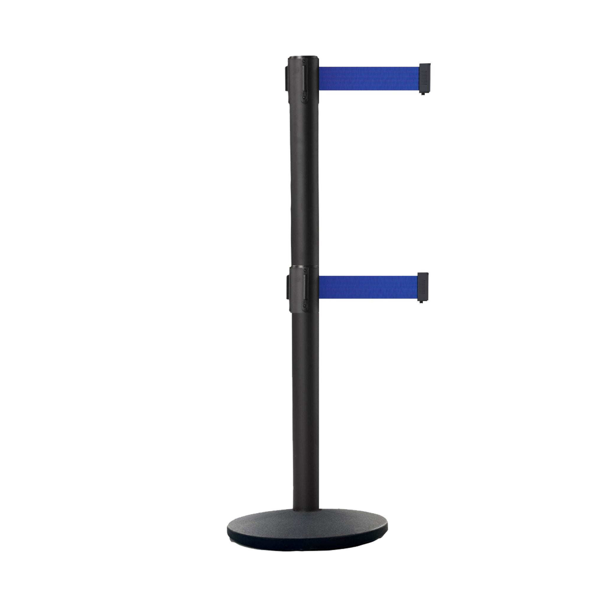 Retractable Dual Belt Belt Barrier Stanchion, Black Post, Cast Iron Base, 9 Ft. Belt - Montour Line MI630D - Crowd Control Warehouse