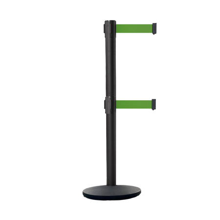 Retractable Dual Belt Belt Barrier Stanchion, Black Post, Cast Iron Base, 9 Ft. Belt - Montour Line MI630D - Crowd Control Warehouse