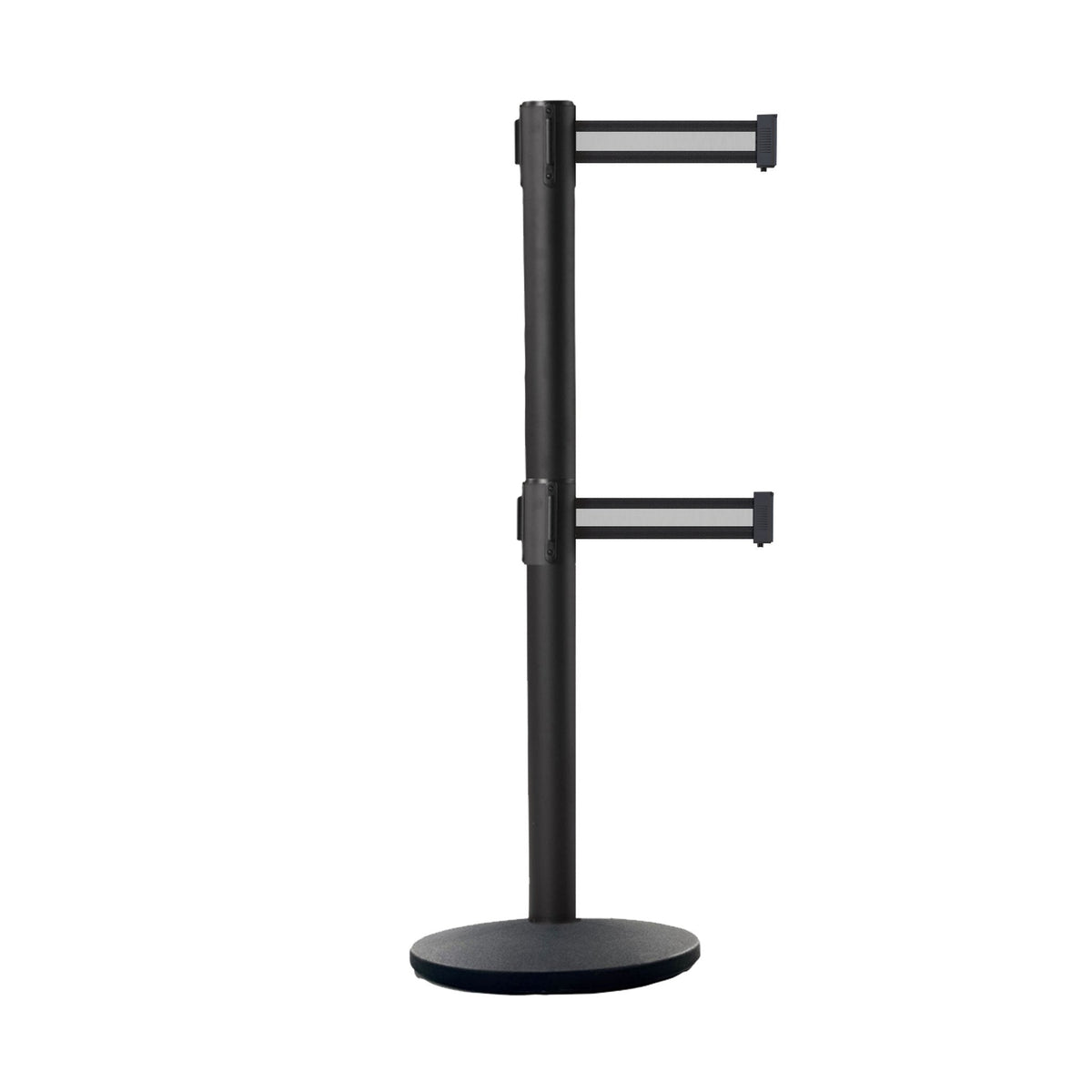 Retractable Dual Belt Belt Barrier Stanchion, Black Post, Cast Iron Base, 9 Ft. Belt - Montour Line MI630D - Crowd Control Warehouse