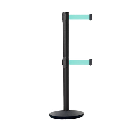 Retractable Dual Belt Belt Barrier Stanchion, Black Post, Cast Iron Base, 9 Ft. Belt - Montour Line MI630D - Crowd Control Warehouse