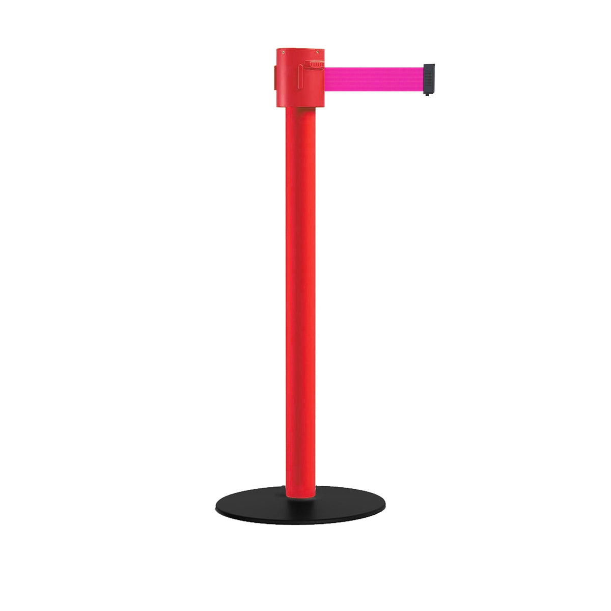Safety Portable Retractable Belt Barrier Stanchion with Low Profile Base, Red Post, 35 Ft Belt - Montour Line MSX760 - Crowd Control Warehouse