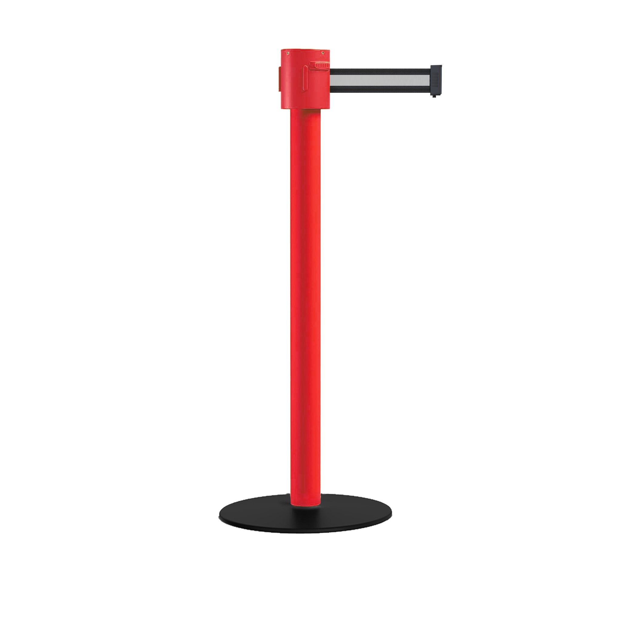 Safety Portable Retractable Belt Barrier Stanchion with Low Profile Base, Red Post, 35 Ft Belt - Montour Line MSX760 - Crowd Control Warehouse