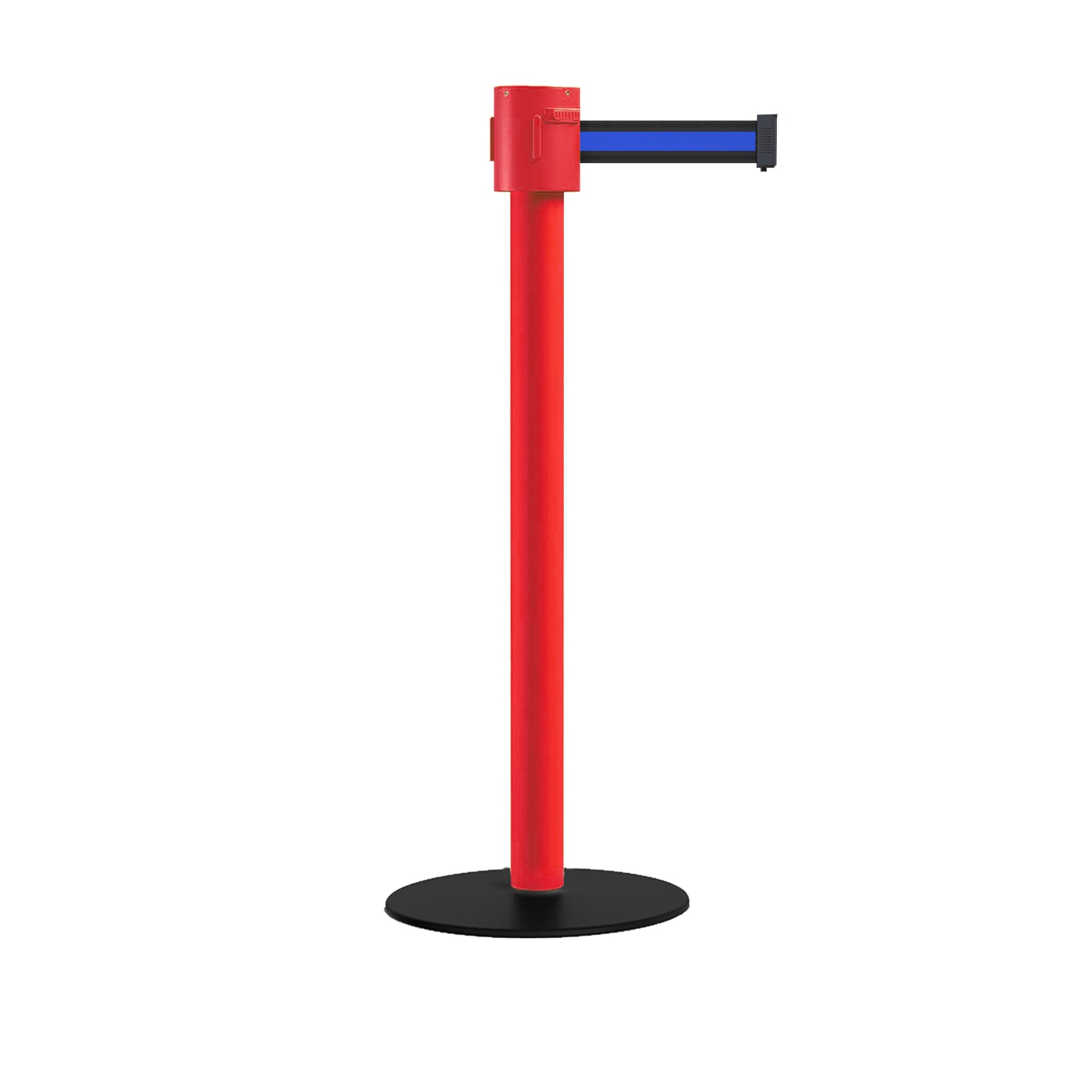 Safety Portable Retractable Belt Barrier Stanchion with Low Profile Base, Red Post, 35 Ft Belt - Montour Line MSX760 - Crowd Control Warehouse