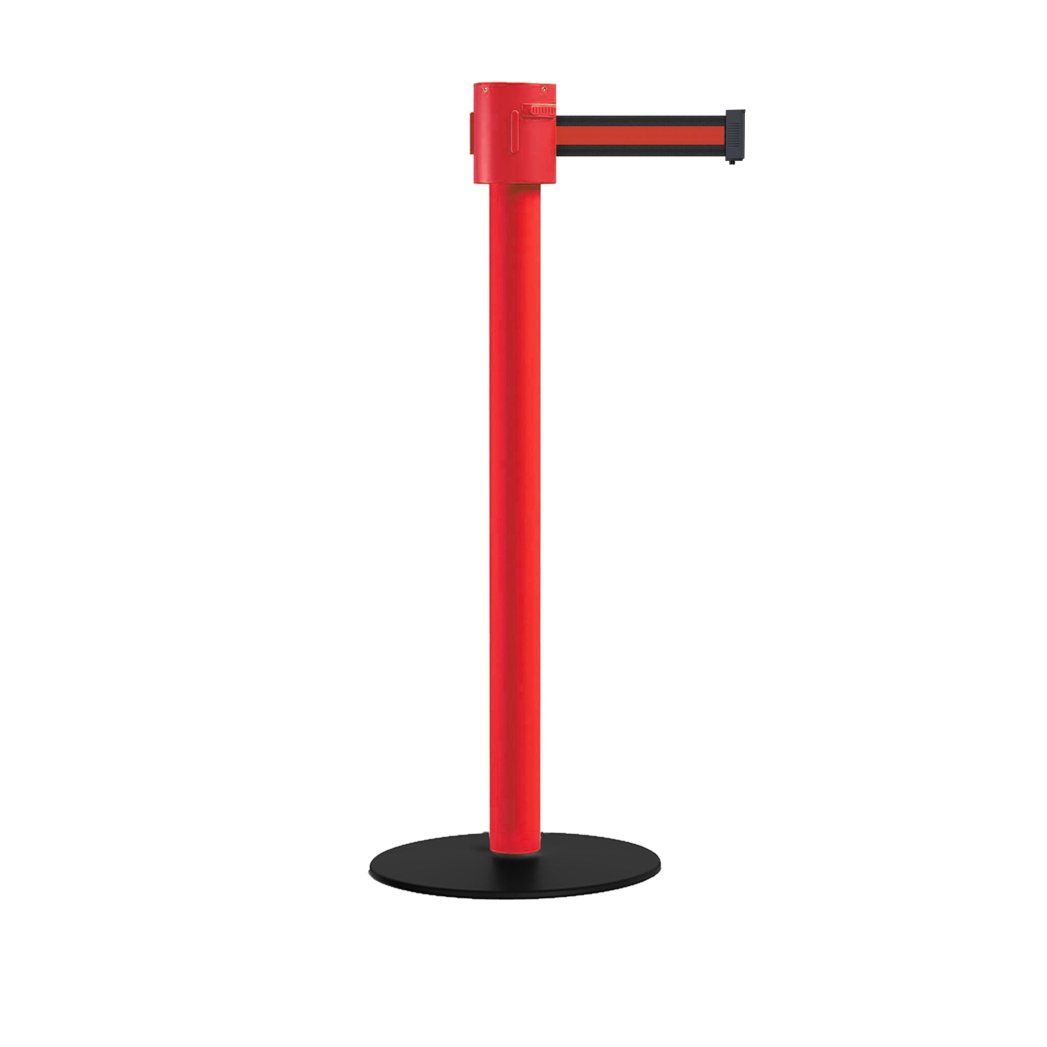 Safety Portable Retractable Belt Barrier Stanchion with Low Profile Base, Red Post, 35 Ft Belt - Montour Line MSX760 - Crowd Control Warehouse