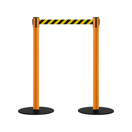Safety Retractable Belt Barrier Stanchion, Low Profile Steel Base, Orange Post, 11 Ft. Belt - Montour Line MSX630 - Crowd Control Warehouse