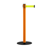 Safety Retractable Belt Barrier Stanchion, Low Profile Steel Base, Orange Post, 11 Ft. Belt - Montour Line MSX630 - Crowd Control Warehouse