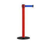 Safety Retractable Belt Barrier Stanchion, Low Profile Steel Base, Red Post, 14 or 16 Ft. Belt - Montour Line MSX650 - Crowd Control Warehouse