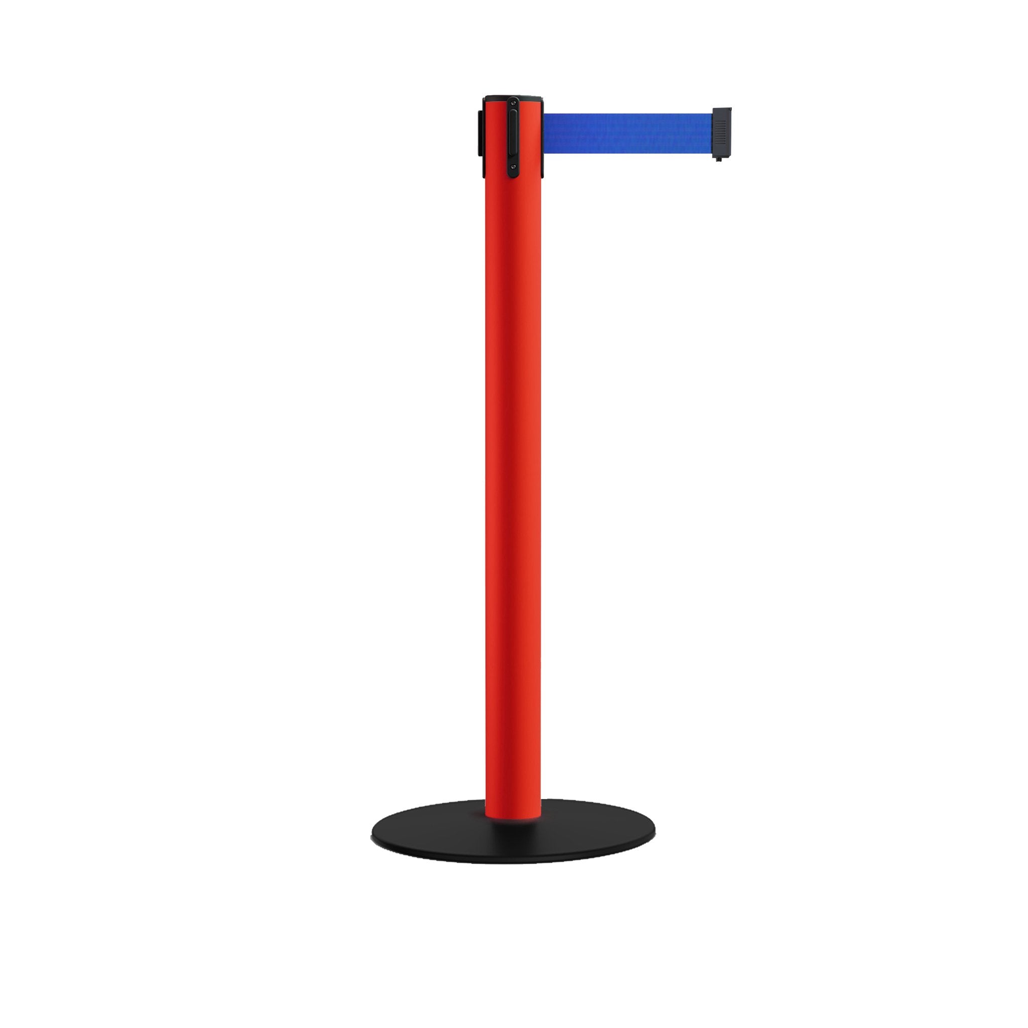 Safety Retractable Belt Barrier Stanchion, Low Profile Steel Base, Red Post, 14 or 16 Ft. Belt - Montour Line MSX650 - Crowd Control Warehouse