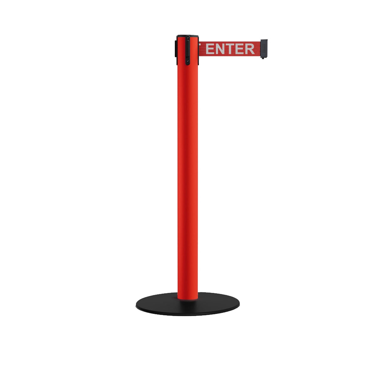 Safety Retractable Belt Barrier Stanchion, Low Profile Steel Base, Red Post, 14 or 16 Ft. Belt - Montour Line MSX650 - Crowd Control Warehouse