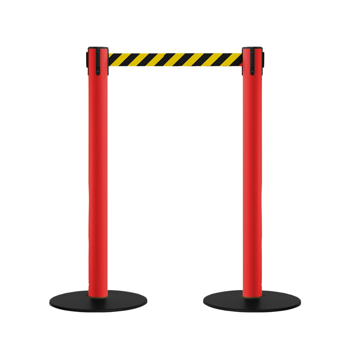 Safety Retractable Belt Barrier Stanchion, Low Profile Steel Base, Red Post, 14 or 16 Ft. Belt - Montour Line MSX650 - Crowd Control Warehouse