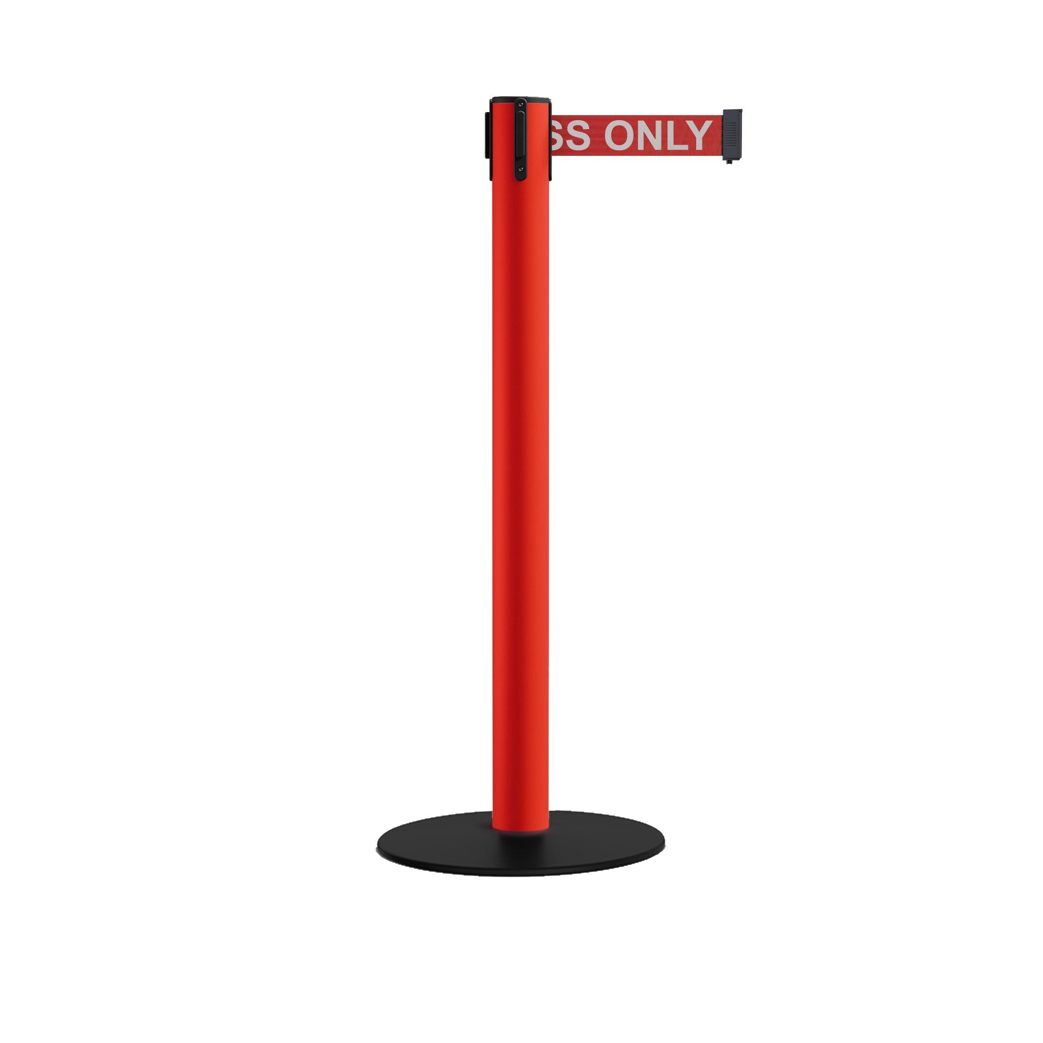 Safety Retractable Belt Barrier Stanchion, Low Profile Steel Base, Red Post, 14 or 16 Ft. Belt - Montour Line MSX650 - Crowd Control Warehouse