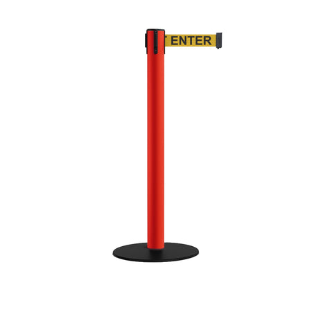 Safety Retractable Belt Barrier Stanchion, Low Profile Steel Base, Red Post, 14 or 16 Ft. Belt - Montour Line MSX650 - Crowd Control Warehouse