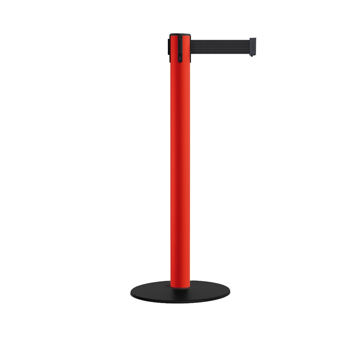 Safety Retractable Belt Barrier Stanchion, Low Profile Steel Base, Red Post, 14 or 16 Ft. Belt - Montour Line MSX650 - Crowd Control Warehouse
