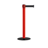 Safety Retractable Belt Barrier Stanchion, Low Profile Steel Base, Red Post, 14 or 16 Ft. Belt - Montour Line MSX650 - Crowd Control Warehouse