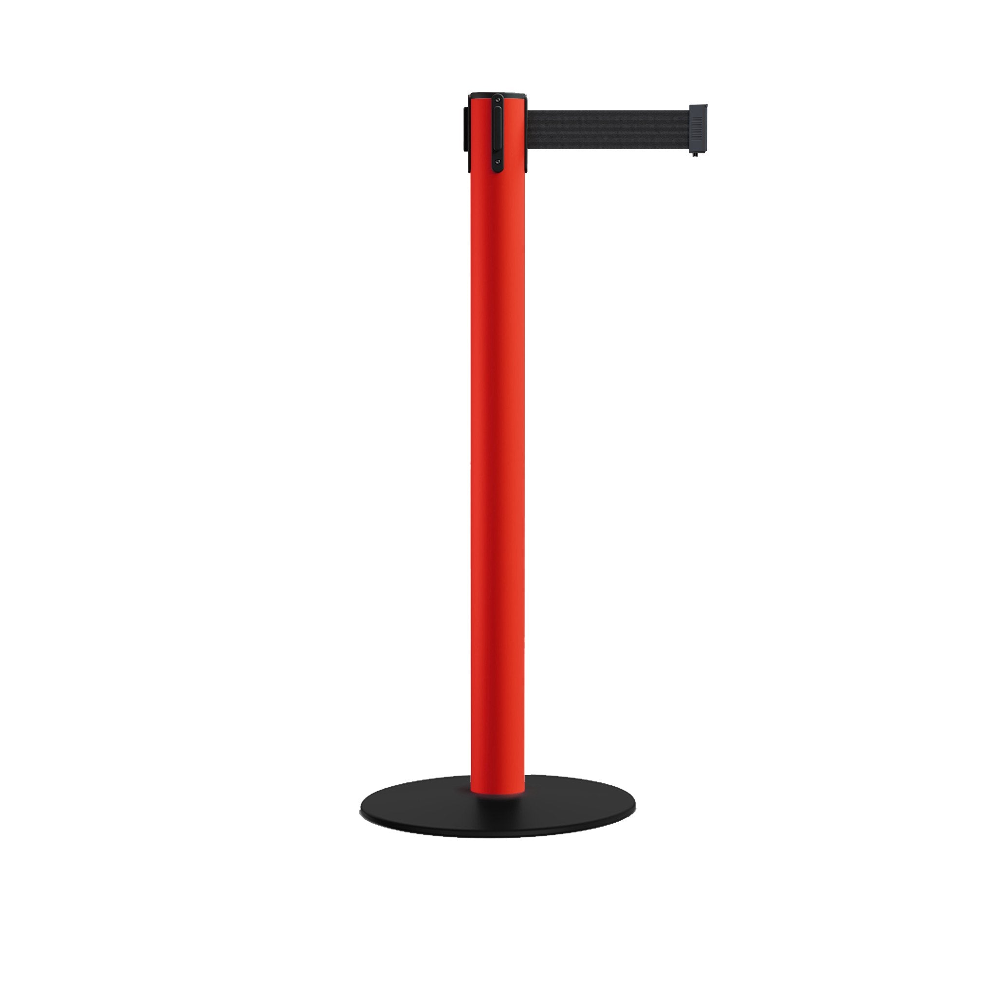Safety Retractable Belt Barrier Stanchion, Low Profile Steel Base, Red Post, 14 or 16 Ft. Belt - Montour Line MSX650 - Crowd Control Warehouse